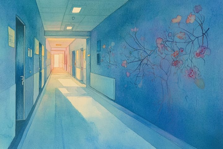 watercolor illustration of a hospital hallway with soft floral details on the wall