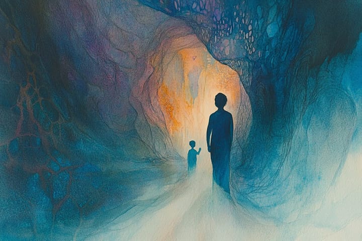 watercolor illustration of two figures walking through a mystical cave