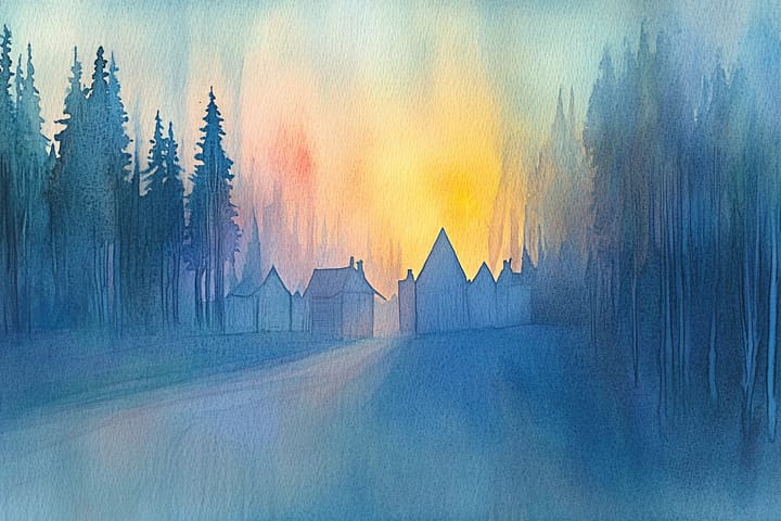 watercolor illustration of a village at sunrise with trees in the background