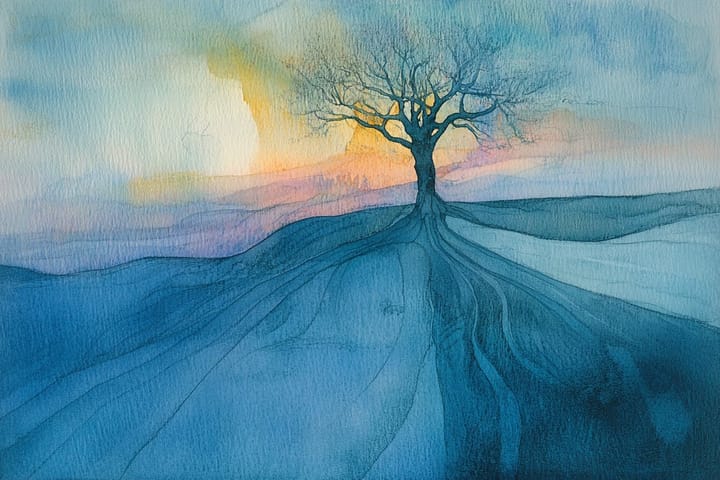 watercolor illustration of a lone tree with extended roots at sunset