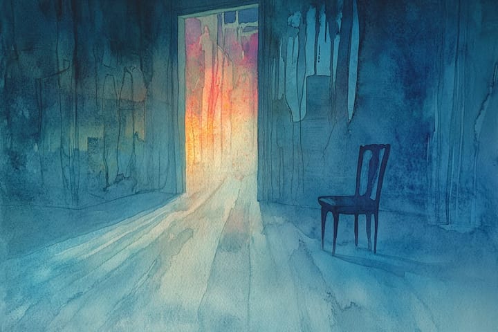 watercolor illustration of a dim room with a chair and a glowing doorway