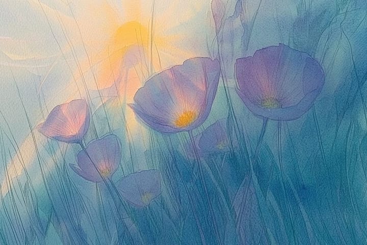 watercolor illustration of purple flowers with a warm, glowing sunrise