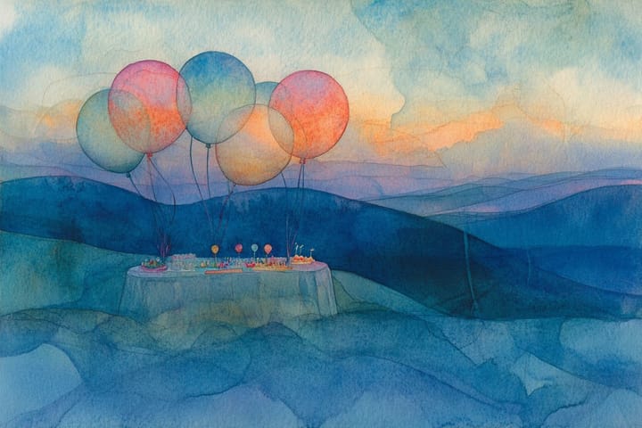 watercolor illustration of a table with balloons and a scenic background