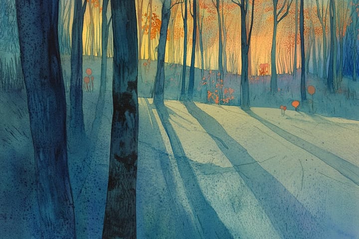 watercolor illustration of a sunlit forest with long tree shadows