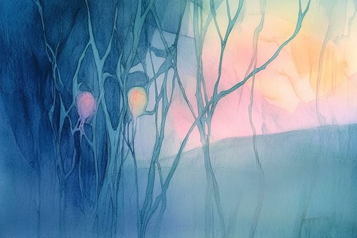 watercolor illustration of abstract branches with warm, glowing accents