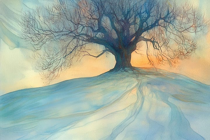 watercolor illustration of a lone tree on a snowy hill at sunset