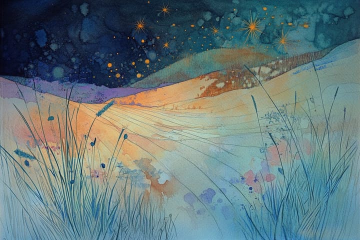 watercolor of a starry night over hills with grass