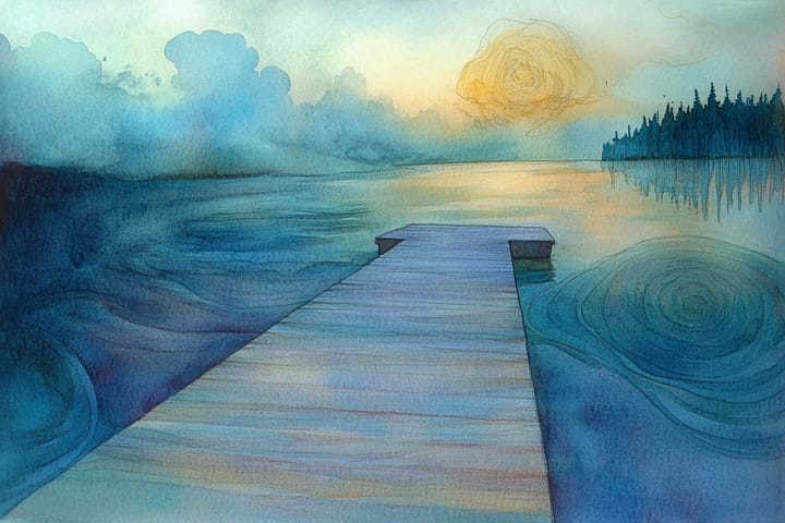 watercolor illustration of a lakeside dock at sunset