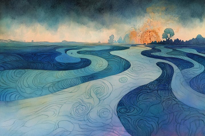 watercolor illustration of flowing rivers at sunrise