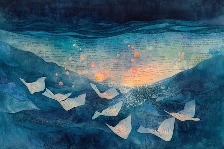 watercolor illustration of pages turning into birds in a dreamy sky