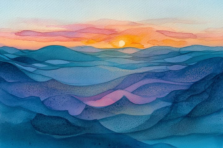 watercolor illustration of rolling hills under a colorful sunset sky