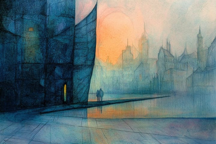  watercolor illustration of a misty cityscape with two figures walking at sunset