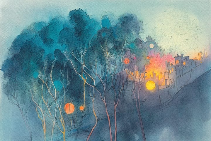 watercolor illustration of trees and glowing city lights at dusk