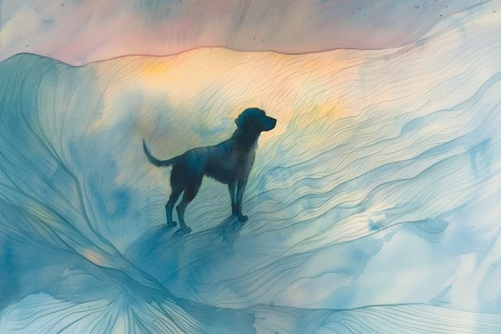 watercolor illustration of a dog standing on abstract waves