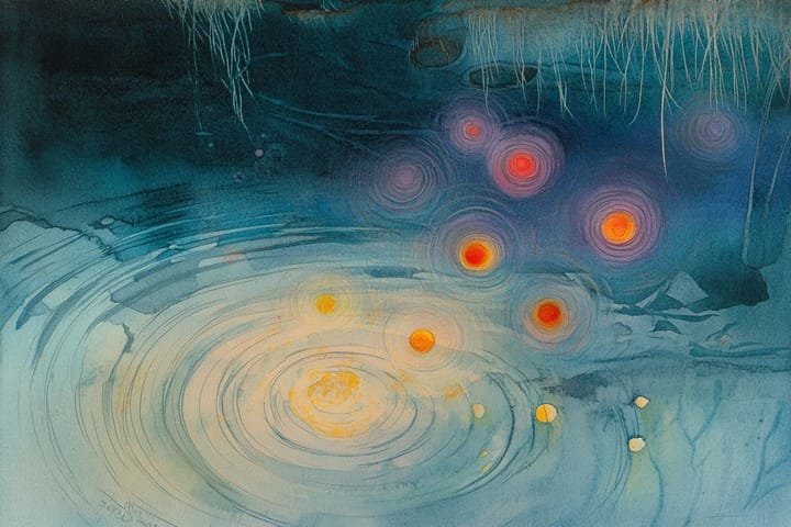 watercolor illustration of glowing orbs in a rippling pool