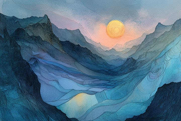 watercolor illustration of a mountain landscape at sunset.