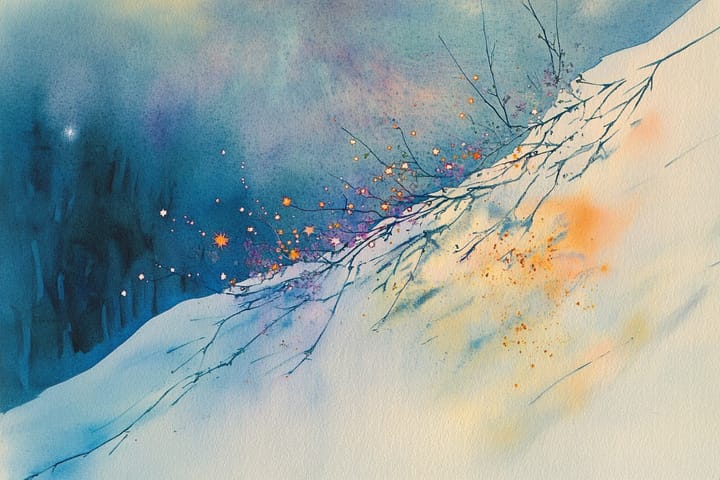 watercolor illustration of a snowy hillside with branches and glowing specks