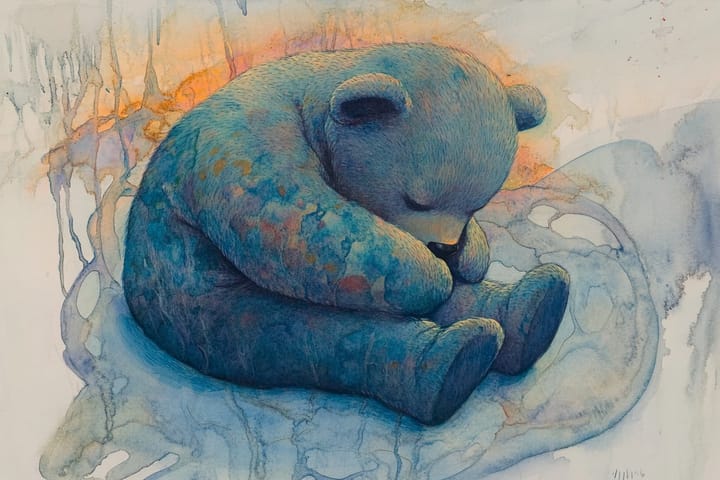 watercolor illustration of a sad teddy bear sitting alone