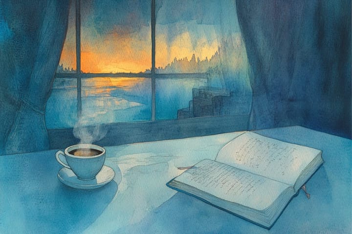 Watercolor illustration of an open book and a cup of coffee on a table 