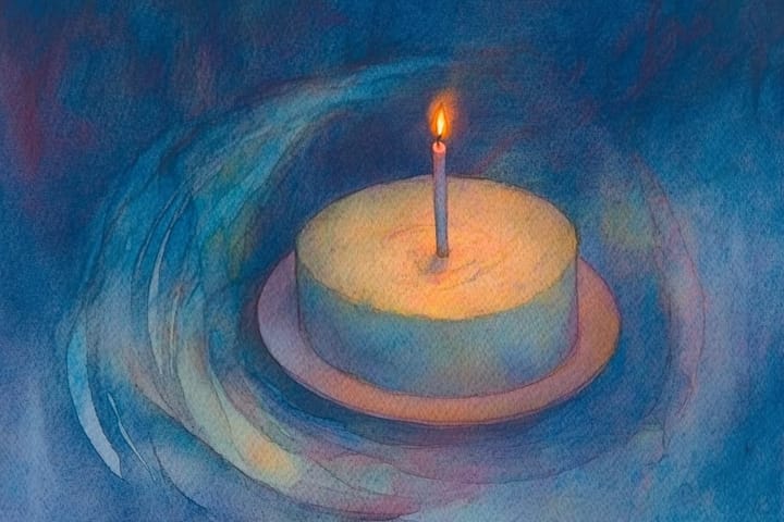 watercolor illustration of a cake with a lit candle