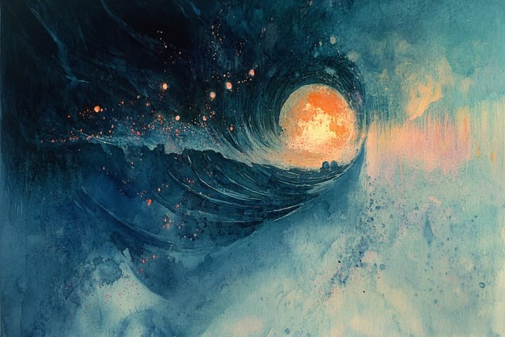 watercolor illustration of a wave with a glowing sun