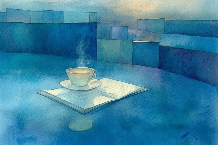 A coffee cup on top of a notebook on a blue table