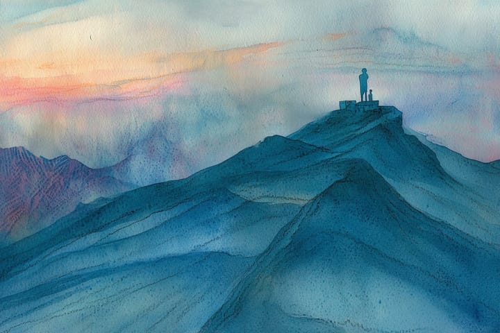 watercolor illustration of a figure on a mountain at sunrise