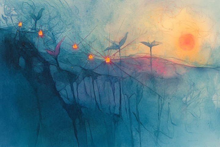 watercolor illustration of a sunrise with abstract plants