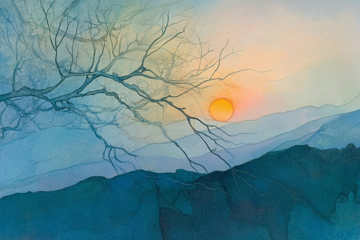 A winter branch with no leaves in front of hills with a rising sun