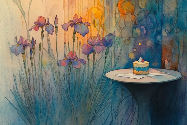 watercolor illustration of a cake on a table in a field of irises