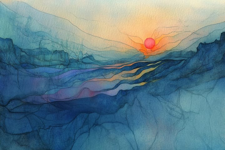 Watercolor illustration of a sun rising over rolling hills