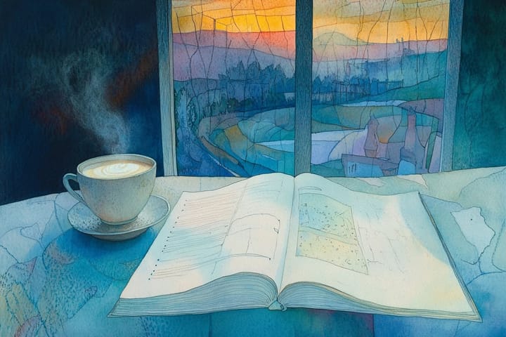 watercolor illustration of a book and a cup of coffee on a table