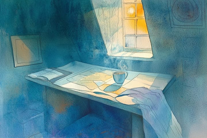 Watercolor illustration of a messy desk with a coffee cup, below a window